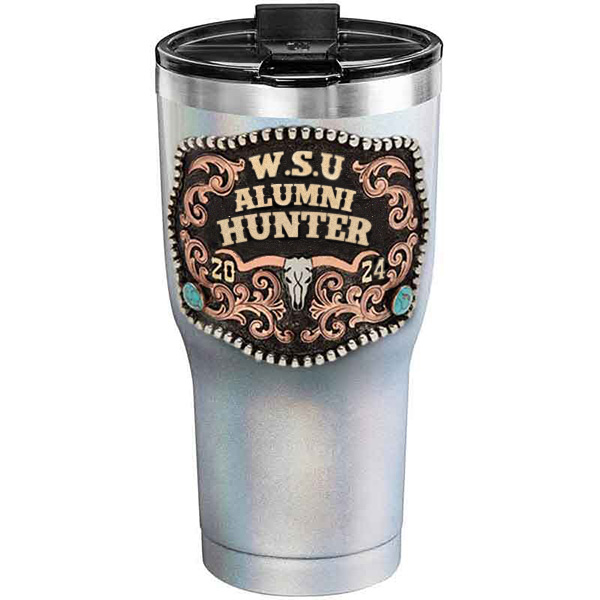 A customized tumbler made of stainless steel with a personalized engraved initials and Alumni Hunter lettering, 30 oz, ideal for coffee or cool drinks